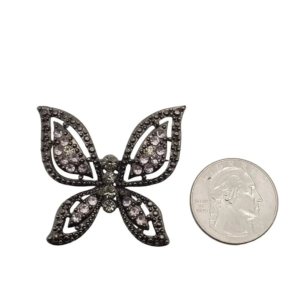 Dark Rhinestone Butterfly Brooch Pink Green Crystal Insect Vintage‎ Pin Gunmetal